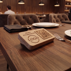 Ahşap QR Menü Standı Gold Plakalı – Rowmark Lazer Kazımalı, Rustik Restoran İçin