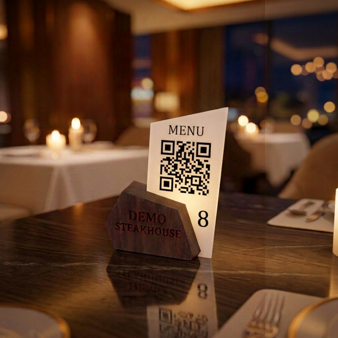 Lüks QR Menü Standı Ahşap Pleksi Kombinli – Özel Tasarım, Restoran ve Kafe İçin