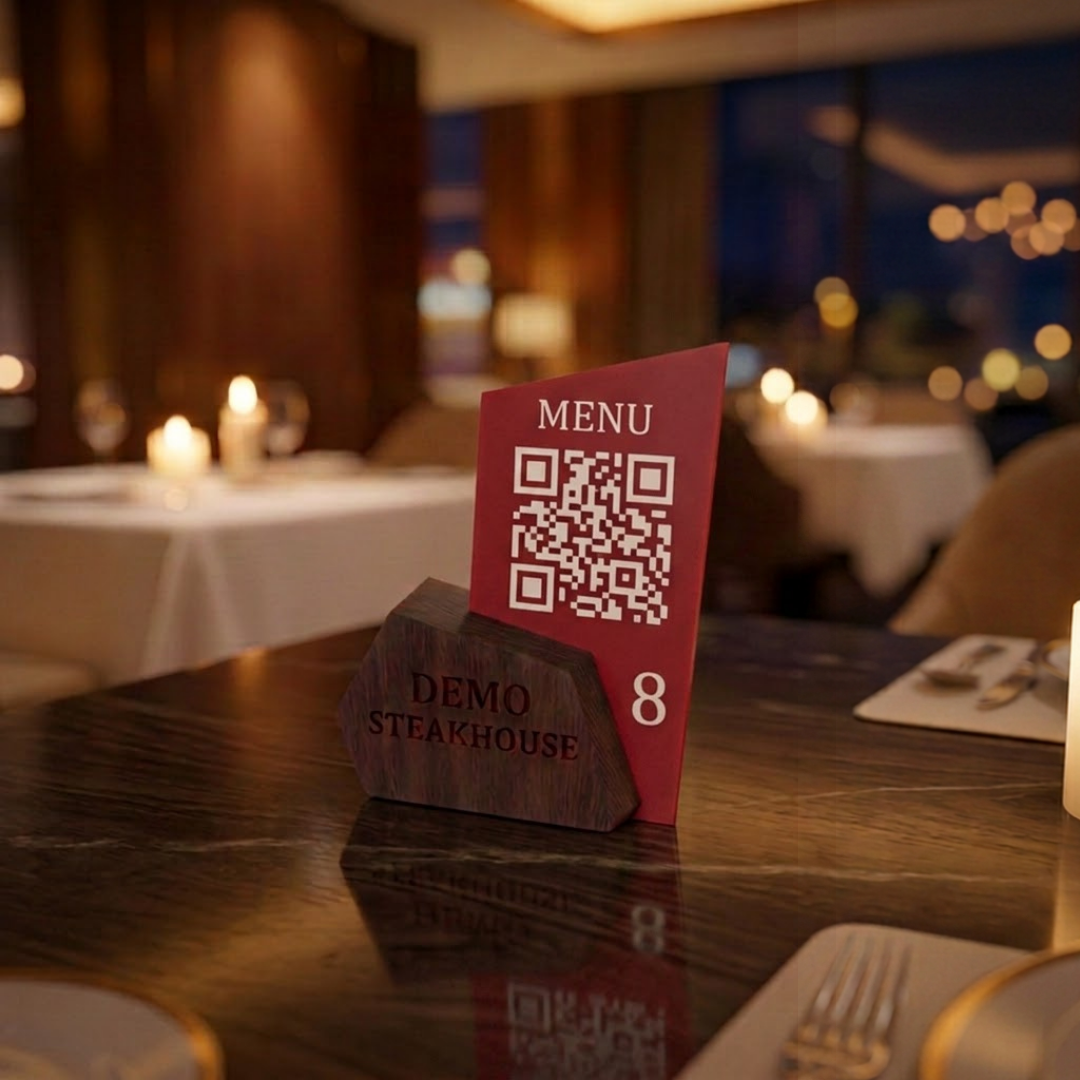Lüks QR Menü Standı Ahşap Pleksi Kombinli – Özel Tasarım, Restoran ve Kafe İçin