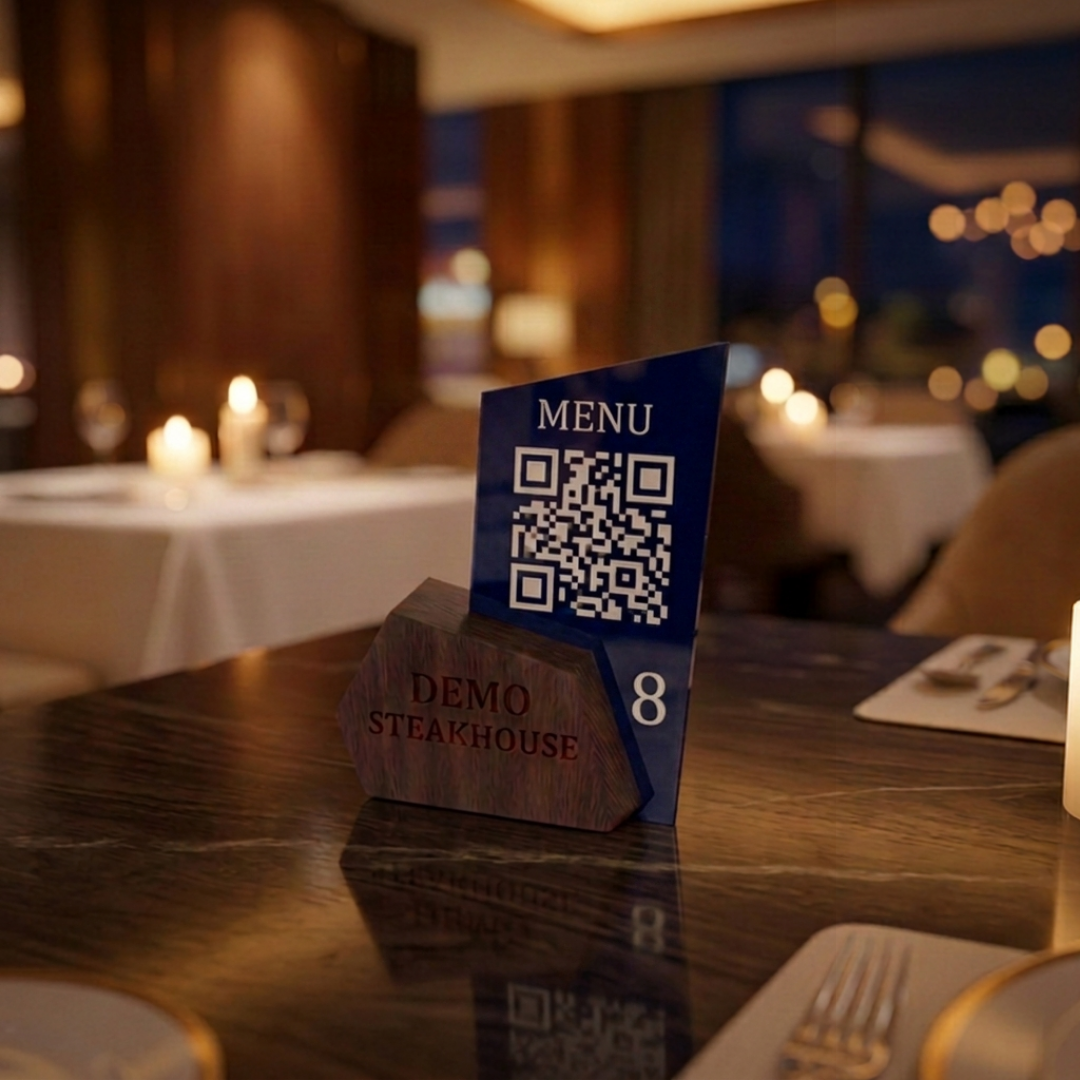 Lüks QR Menü Standı Ahşap Pleksi Kombinli – Özel Tasarım, Restoran ve Kafe İçin