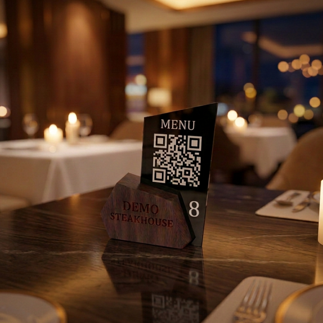 Lüks QR Menü Standı Ahşap Pleksi Kombinli – Özel Tasarım, Restoran ve Kafe İçin