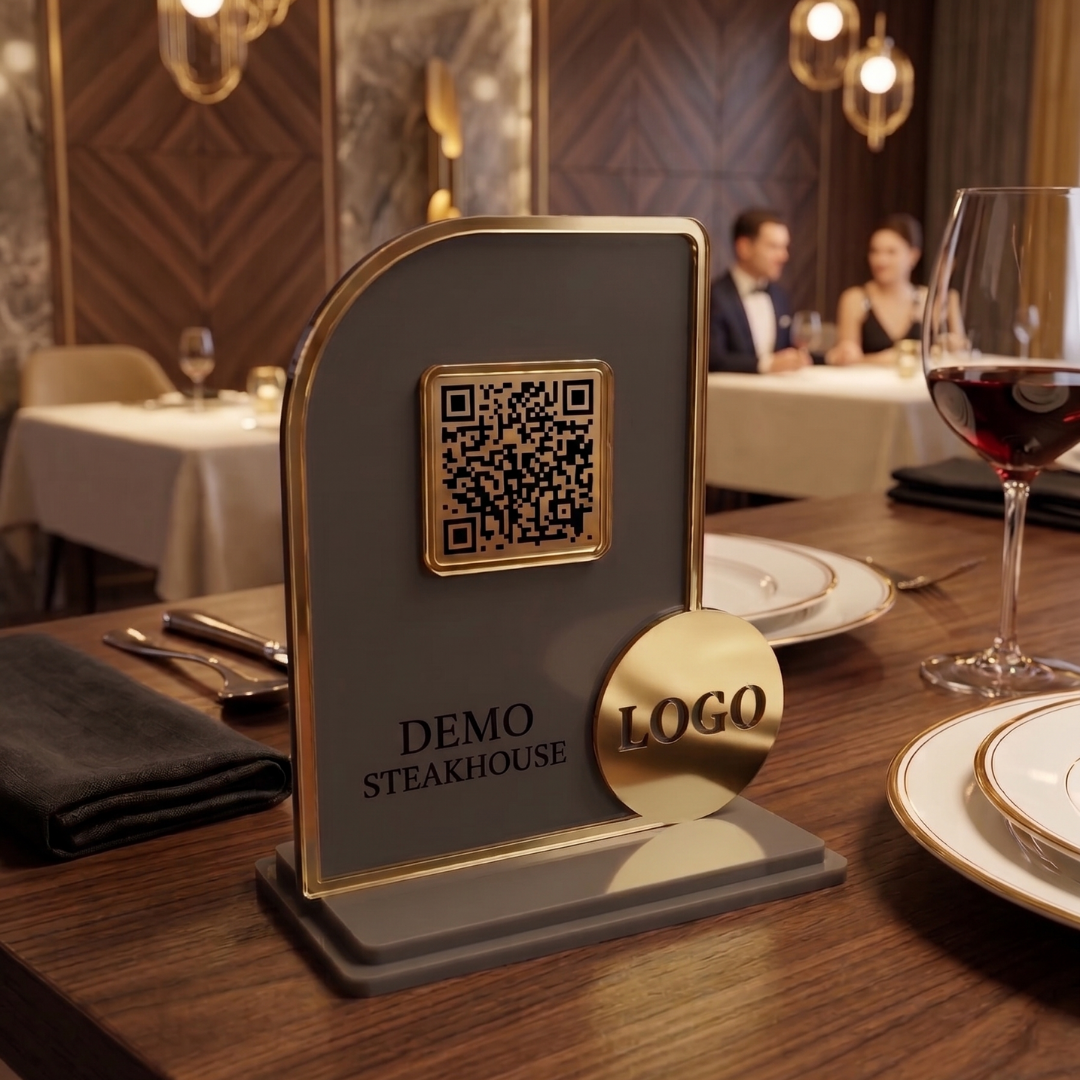 QR Menü Standı Gold Çerçeveli Pleksi – Premium, Restoran ve Kafe Masa Standı