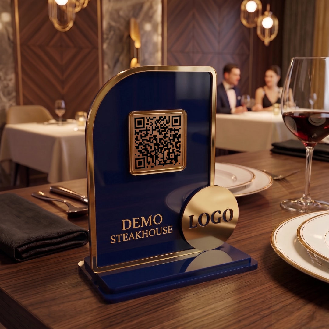 QR Menü Standı Gold Çerçeveli Pleksi – Premium, Restoran ve Kafe Masa Standı