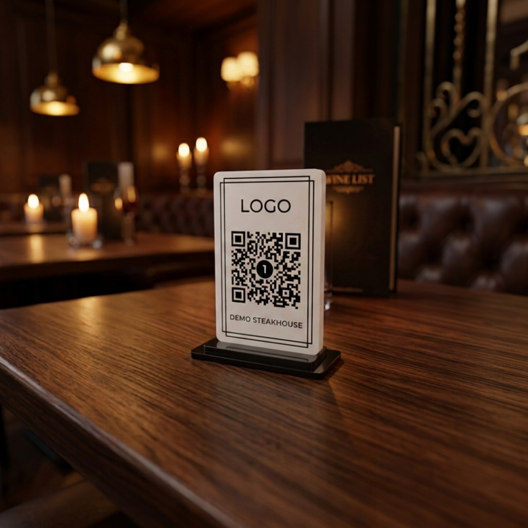 QR Menü Standı Pleksi – UV Baskılı, Şeffaf, Restoran ve Kafe Masa Karekodu