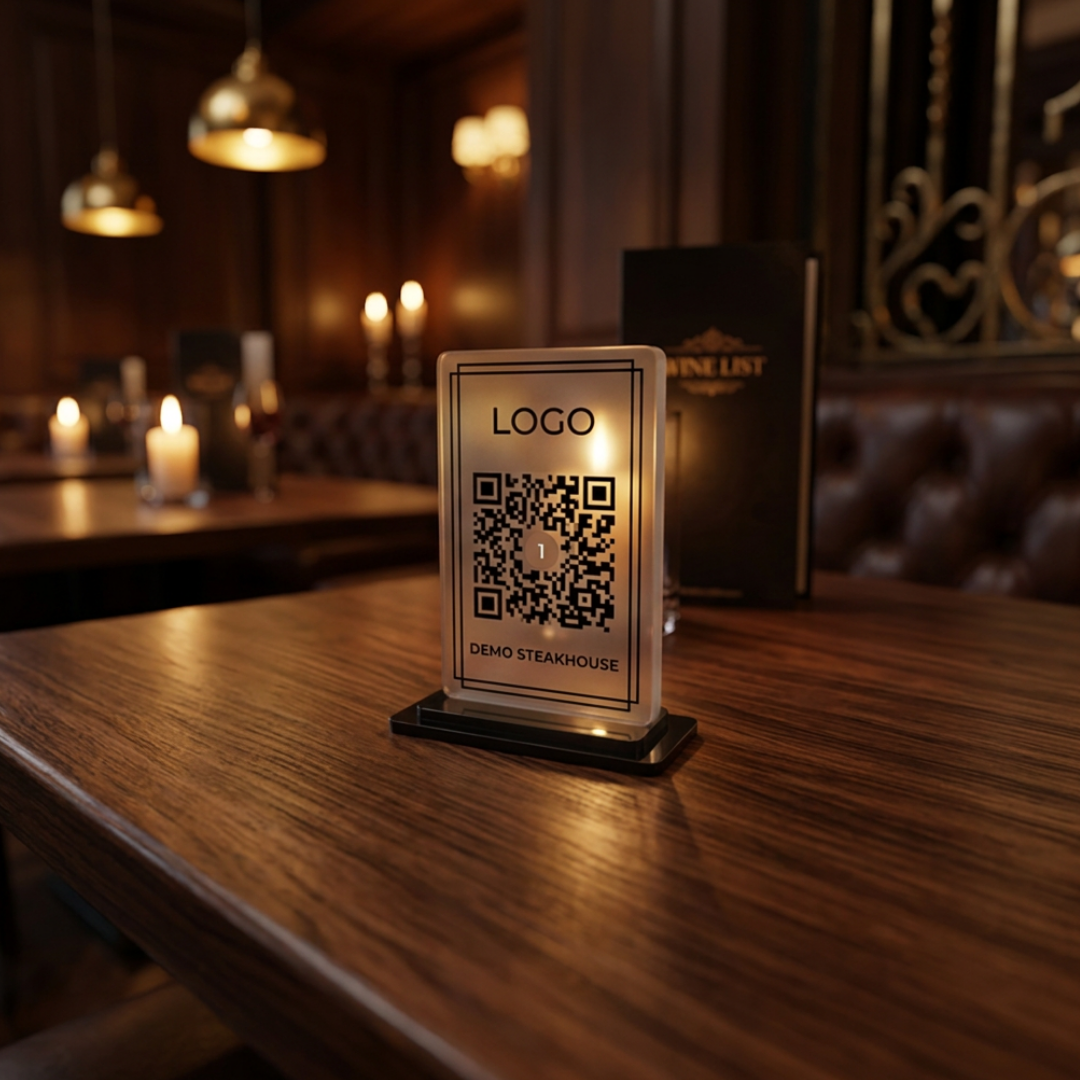 QR Menü Standı Pleksi – UV Baskılı, Şeffaf, Restoran ve Kafe Masa Karekodu