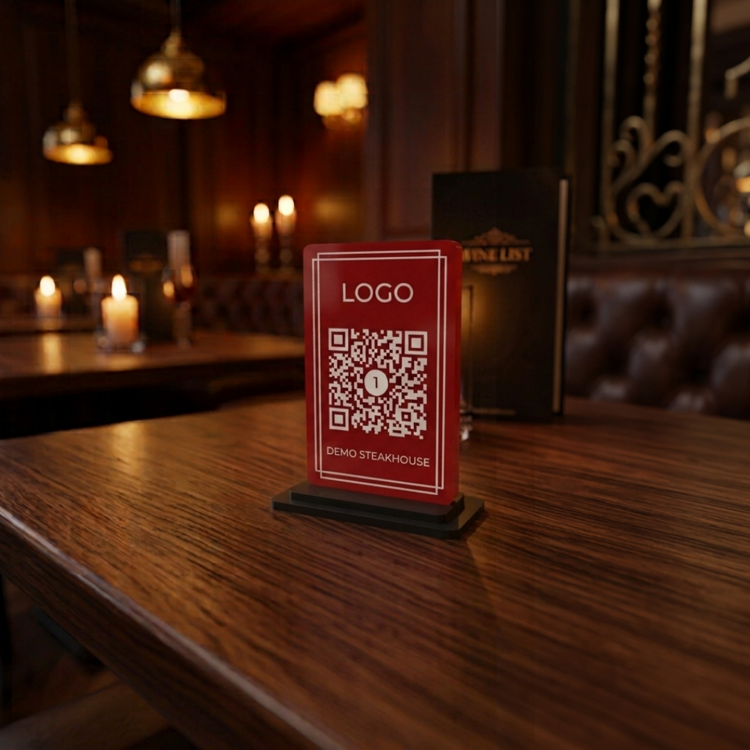 QR Menü Standı Pleksi – UV Baskılı, Şeffaf, Restoran ve Kafe Masa Karekodu