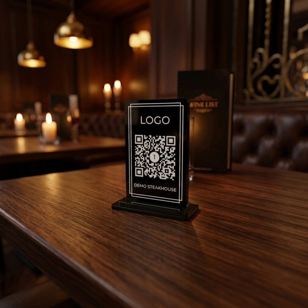 QR Menü Standı Pleksi – UV Baskılı, Şeffaf, Restoran ve Kafe Masa Karekodu