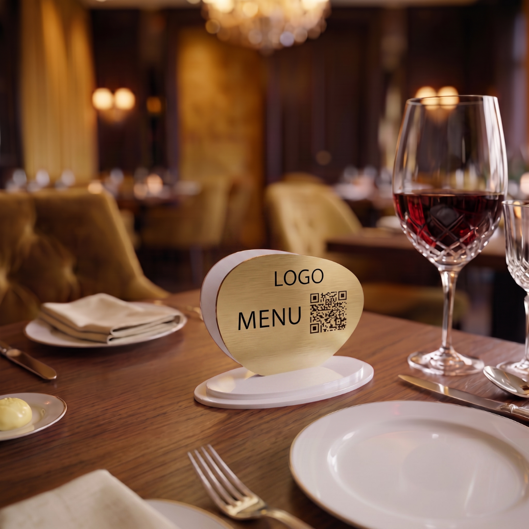 Masaüstü QR Menü Standı Gold Siyah Pleksi – Rowmark, Restoran ve Otel İçin
