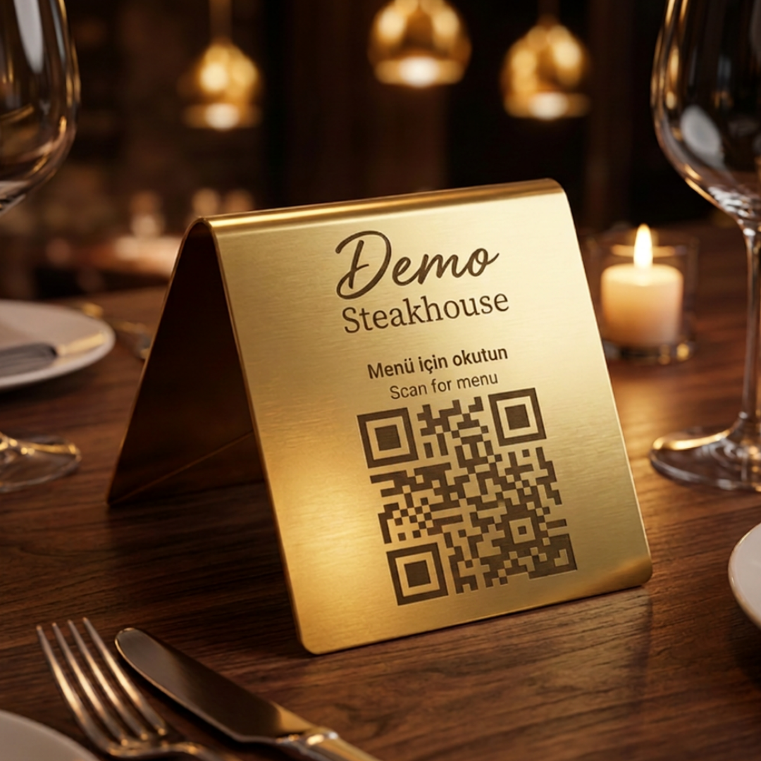Metal QR Menü Standı | Altın ve Gümüş Seçenekli Lazer Kazımalı