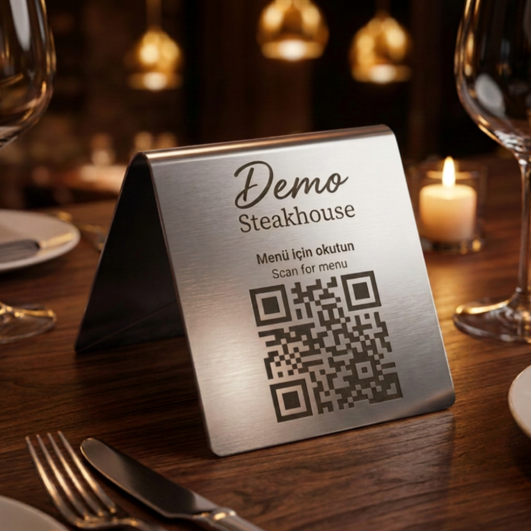 Metal QR Menü Standı | Altın ve Gümüş Seçenekli Lazer Kazımalı