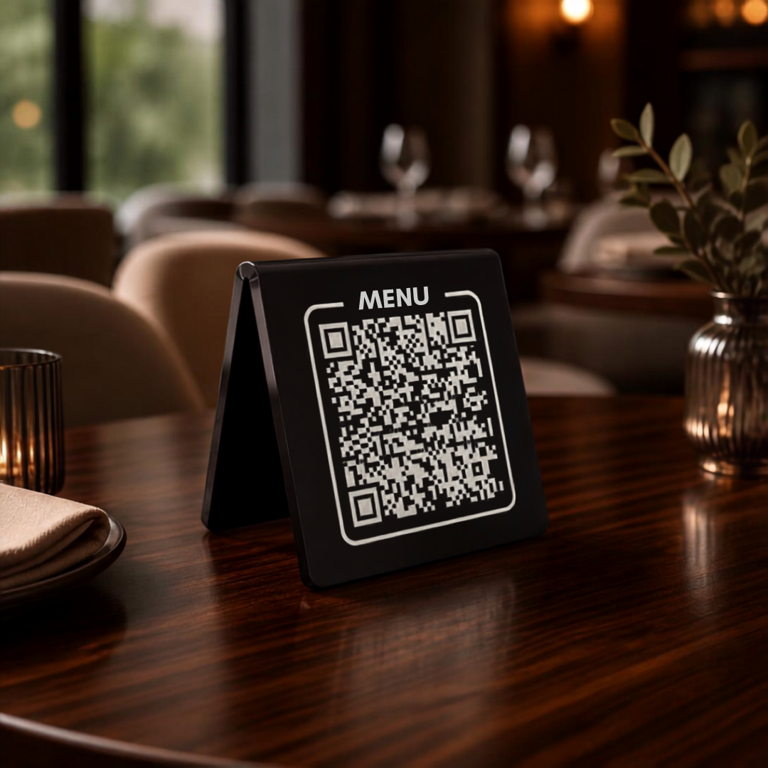 Pleksi QR Menü Standı – UV Baskı ve Lazer Markalama Seçenekli, Restoran ve Kafe Masa Karekodu