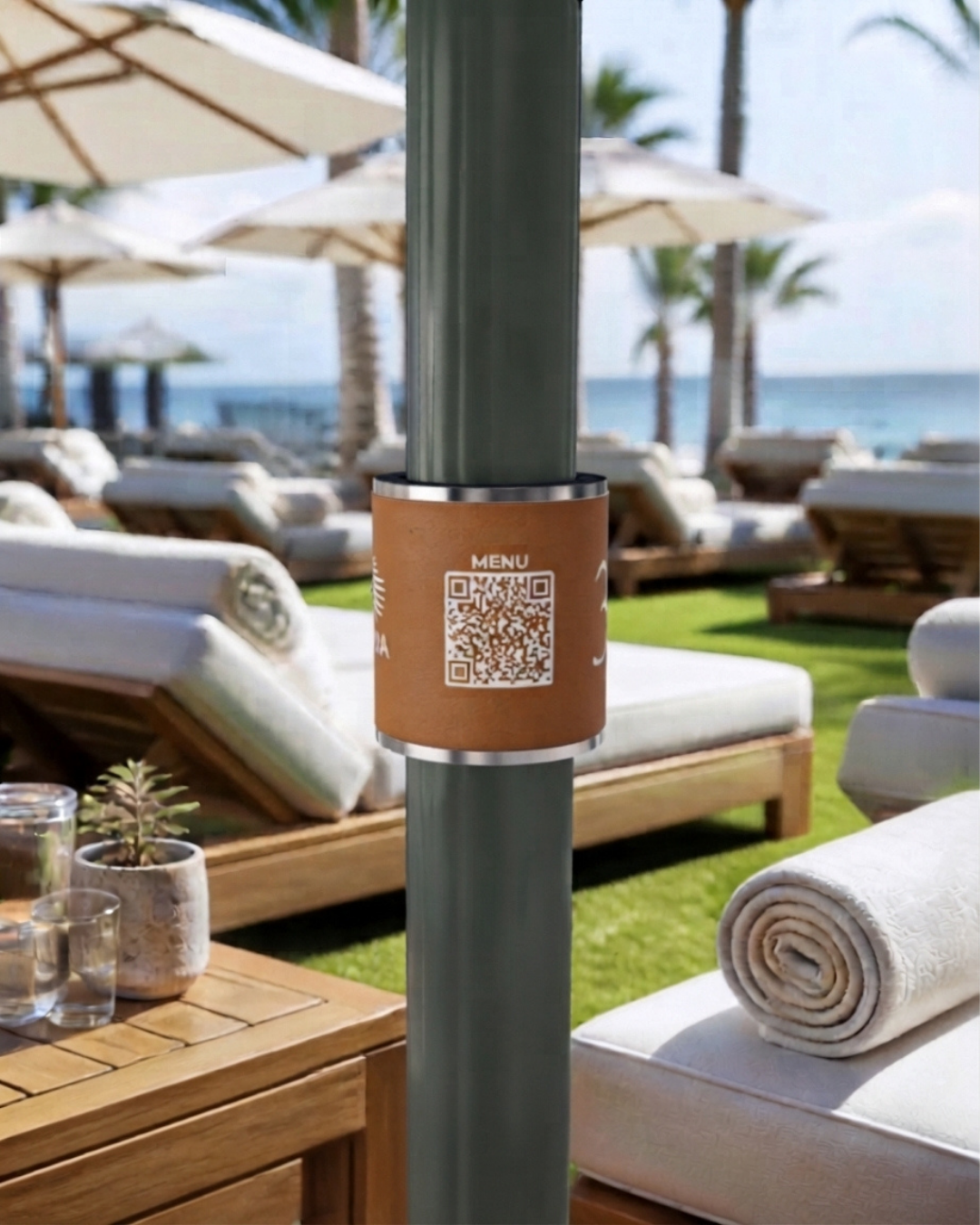 Şemsiye ve Direk Tipi QR Menü Aparatı – Dijital Baskı, Otel, Plaj ve Havuz Kenarı Karekodu